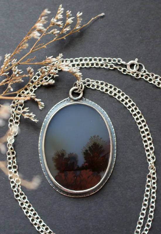 Tranquility, winter landscape necklace in silver and dendritic agate
