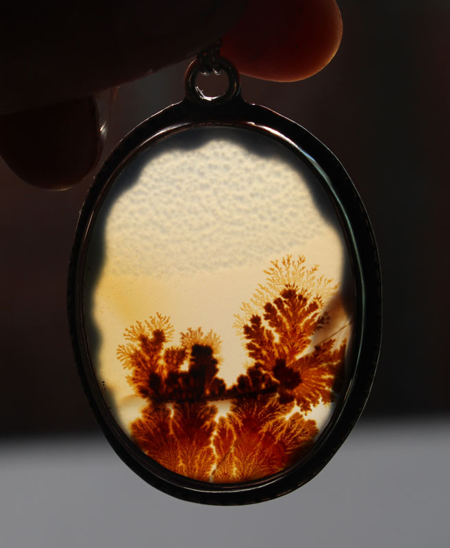 Tranquility, winter landscape necklace in silver and dendritic agate