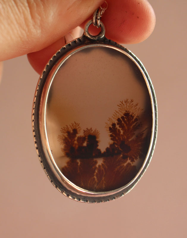 Tranquility, winter landscape necklace in silver and dendritic agate
