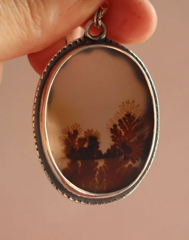 Tranquility, winter landscape necklace in silver and dendritic agate