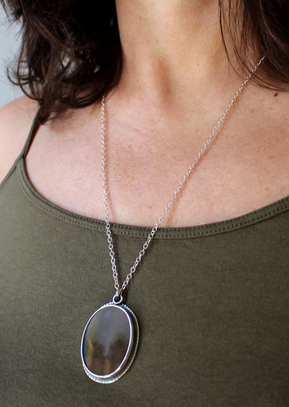 Tranquility, winter landscape necklace in silver and dendritic agate