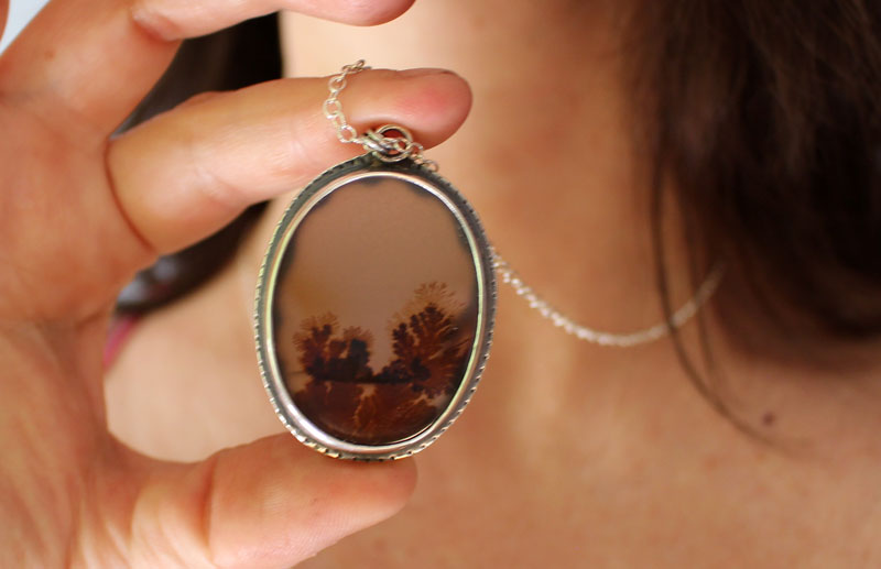 Tranquility, winter landscape necklace in silver and dendritic agate