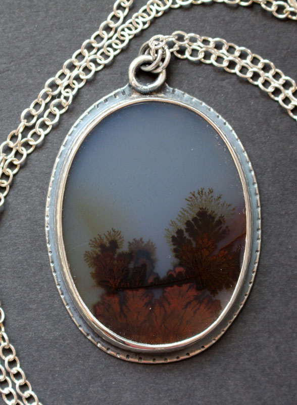 Tranquility, winter landscape necklace in silver and dendritic agate