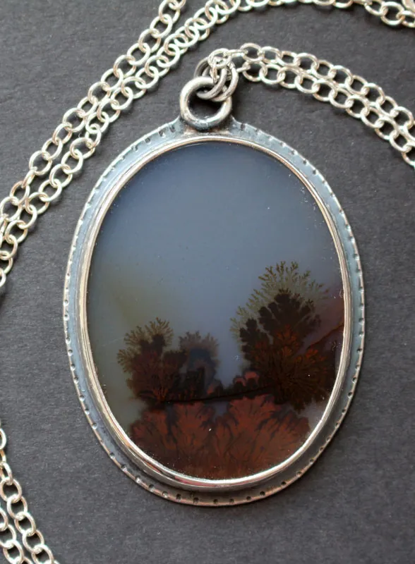 Tranquility, winter landscape necklace in silver and dendritic agate