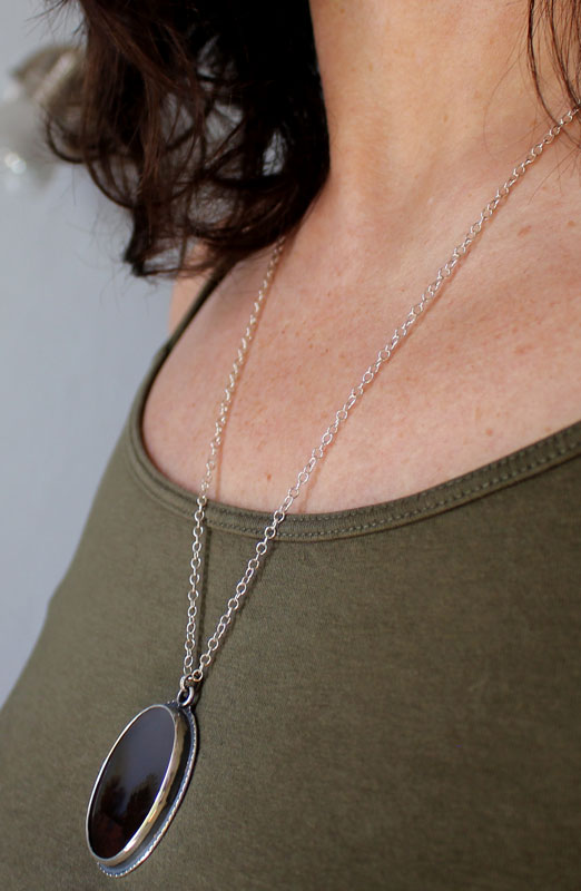 Tranquility, winter landscape necklace in silver and dendritic agate