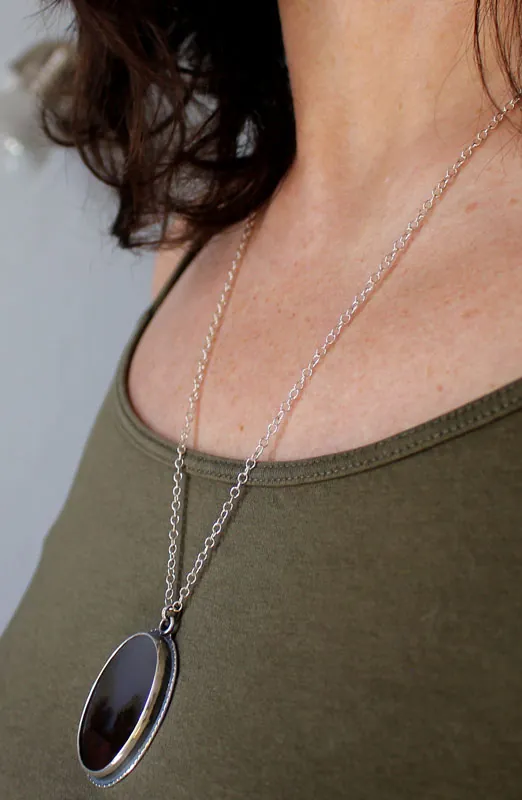 Tranquility, winter landscape necklace in silver and dendritic agate