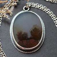 Tranquility, winter landscape necklace in silver and dendritic agate