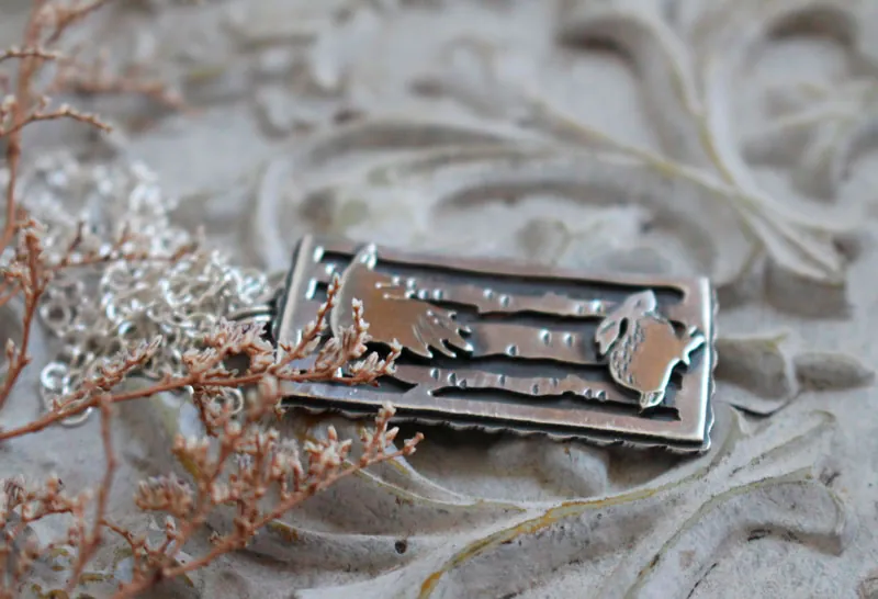 Traveling companions, raven and hare necklace in sterling silver
