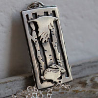 Traveling companions, raven and hare necklace in sterling silver