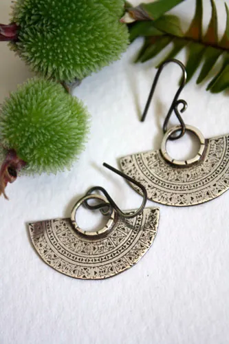 Tribal, Aztec half-moon earrings in sterling silver