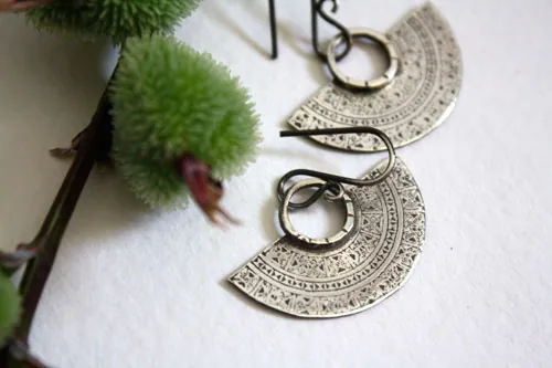 Tribal, Aztec half-moon earrings in sterling silver