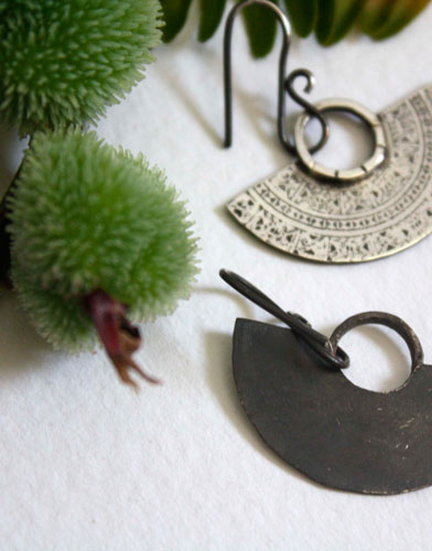 Tribal, Aztec half-moon earrings in sterling silver