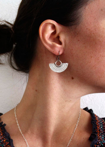 Tribal, Aztec half-moon earrings in sterling silver