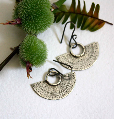 Tribal, Aztec half-moon earrings in sterling silver