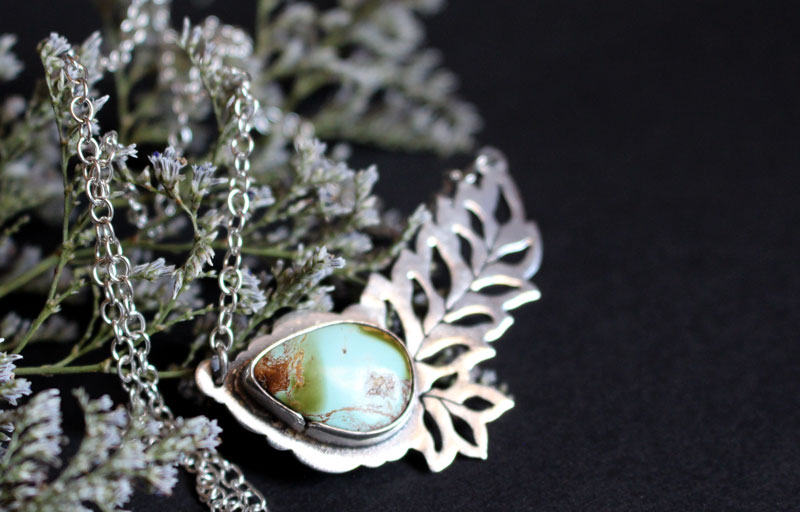 Turquoise bloom, openwork leaf necklace in silver and turquoise