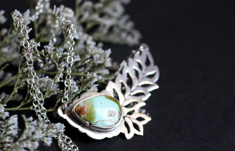 Turquoise bloom, openwork leaf necklace in silver and turquoise