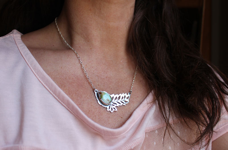 Turquoise bloom, openwork leaf necklace in silver and turquoise