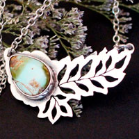 Turquoise bloom, openwork leaf necklace in silver and turquoise