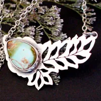 Turquoise bloom, openwork leaf necklace in silver and turquoise