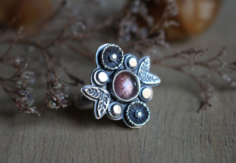 Tea rose, Flower ring in sterling and pink tourmaline