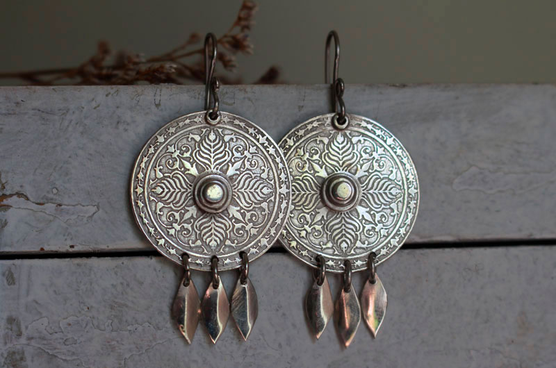 Telling the Earth, botanical mandala earrings in sterling silver and tassel