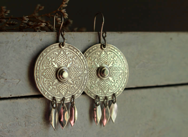Telling the Earth, botanical mandala earrings in sterling silver and tassel