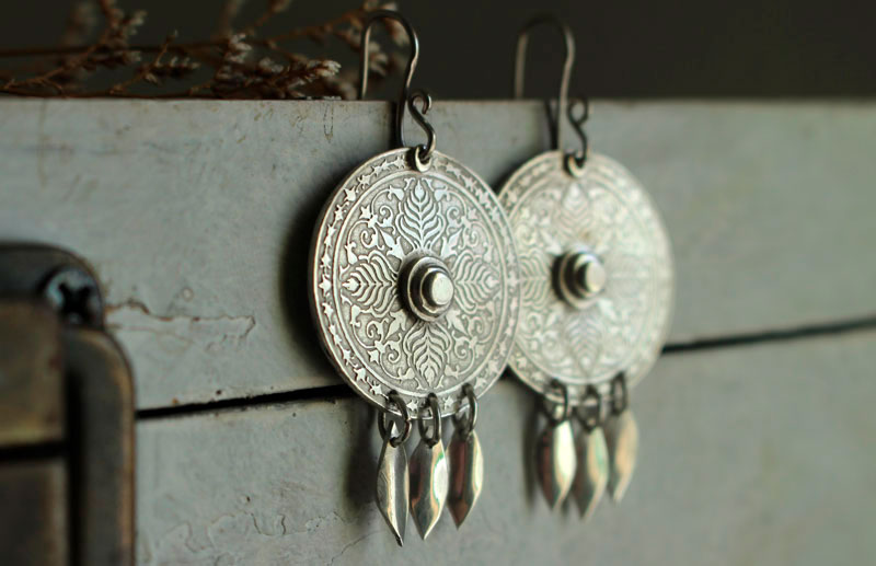 Telling the Earth, botanical mandala earrings in sterling silver and tassel