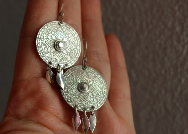 Telling the Earth, botanical mandala earrings in sterling silver and tassel