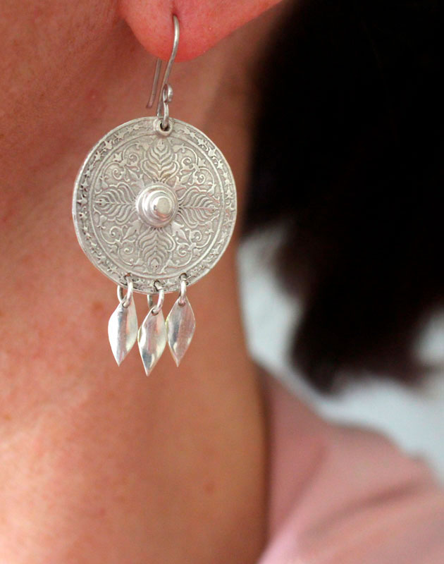 Telling the Earth, botanical mandala earrings in sterling silver and tassel