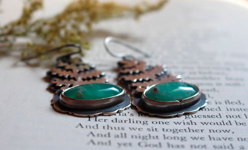 The awakening of nature, fern earrings in sterling silver and chrysoprase
