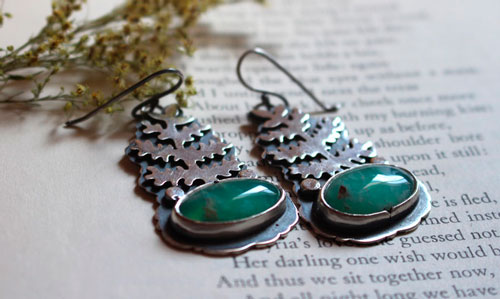 The awakening of nature, fern earrings in sterling silver and chrysoprase