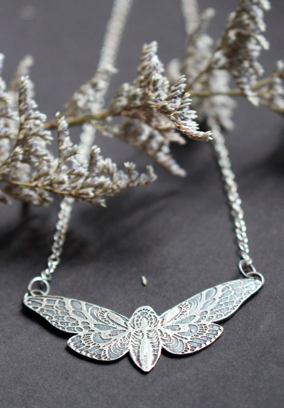 The butterfly’s flight, moth necklace in sterling silver 