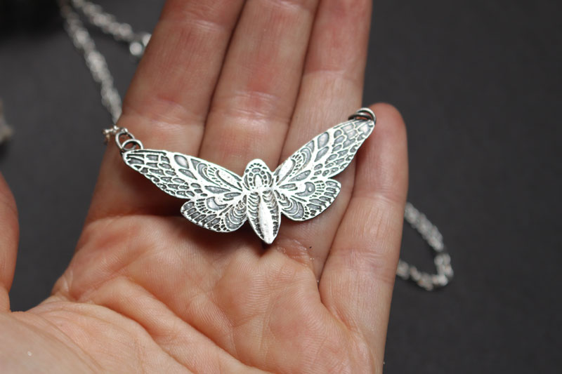 The butterfly’s flight, moth necklace in sterling silver 