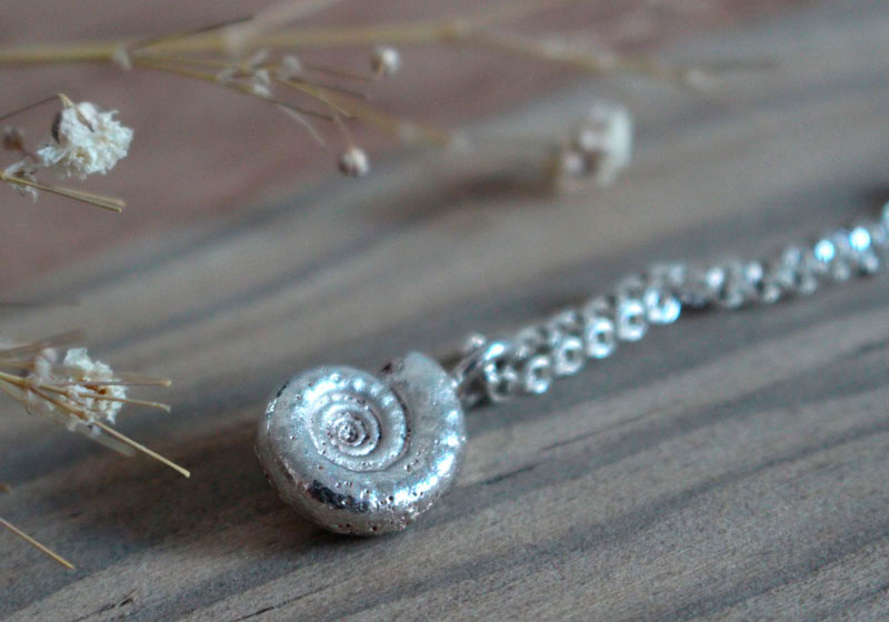 The cradle of life, nautilus ammonite necklace in sterling silver and ruby