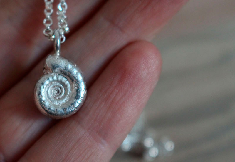 The cradle of life, nautilus ammonite necklace in sterling silver and ruby