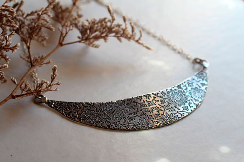 The garden on the moon, floral half-moon bib necklace in sterling silver