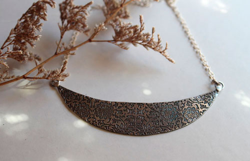 The garden on the moon, floral half-moon bib necklace in sterling silver