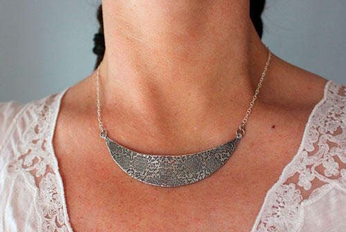 The garden on the moon, floral half-moon bib necklace in sterling silver