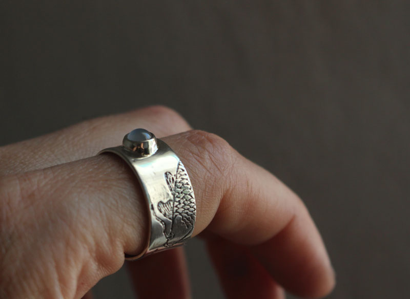 The moon fish, koi ring in sterling silver and moonstone