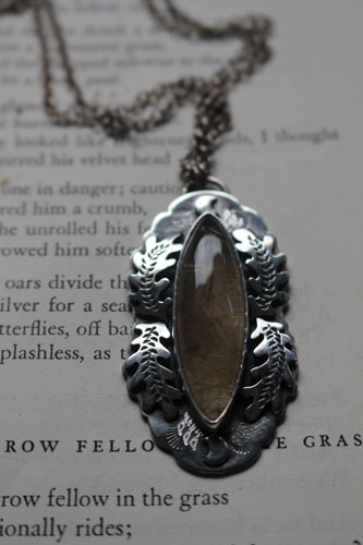 The solstice moon, oak leaf necklace in sterling silver and rutilated quartz