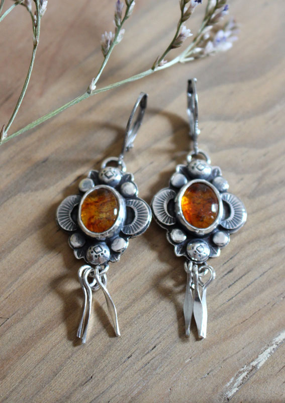 The song of fireflies-amber, night light earrings in silver and amber