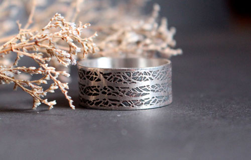 The song of the woods, tree branches ring in sterling silver 