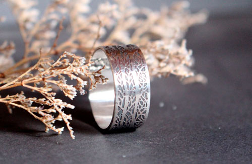 The song of the woods, tree branches ring in sterling silver 