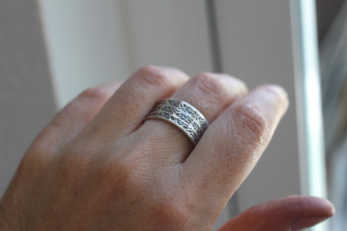 The song of the woods, tree branches ring in sterling silver 