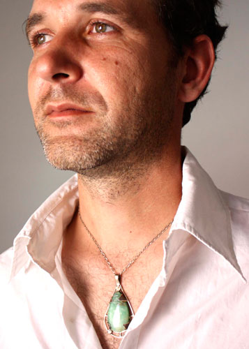 Tlaloc, Aztec pendant in sterling silver and chrysoprase