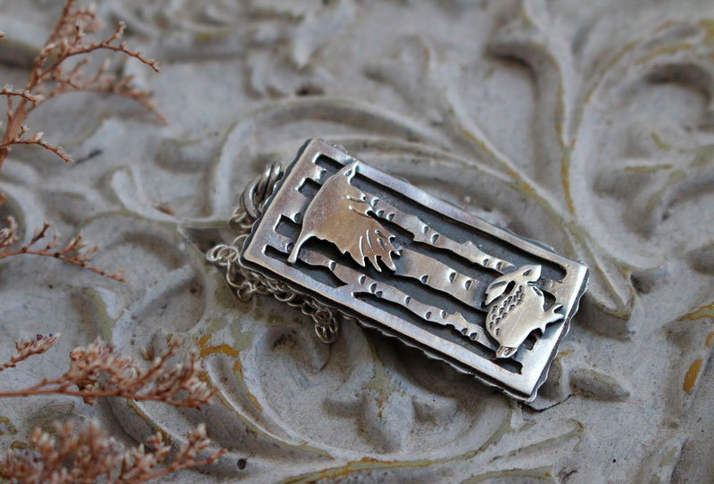 Traveling companions, raven and hare necklace in sterling silver