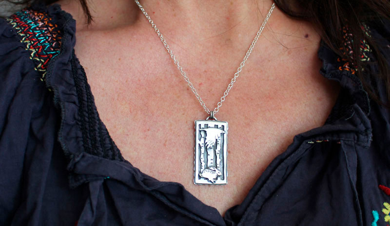 Traveling companions, raven and hare necklace in sterling silver