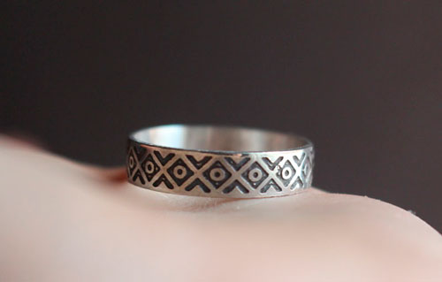 Tribal, ethnic squares and circles ring in sterling silver