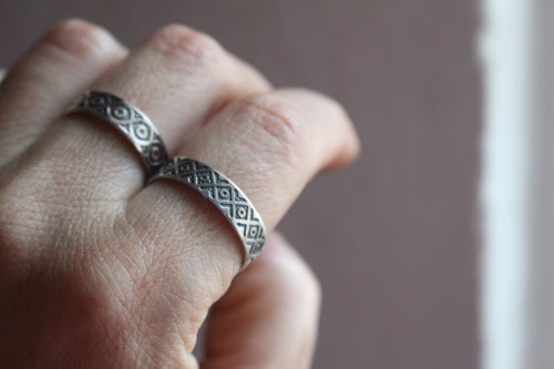 Tribal, ethnic squares and circles ring in sterling silver