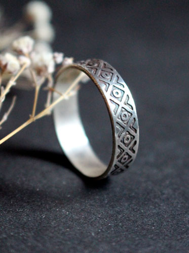 Tribal, ethnic squares and circles ring in sterling silver